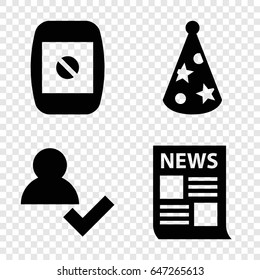 New icons set. set of 4 new filled icons such as party hat, camera display, add user