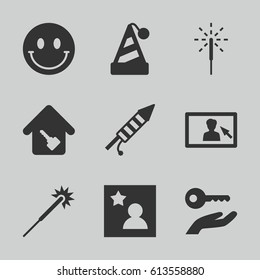New icons set. set of 9 new filled icons such as sparklers, sparkler, fireworks, favorite photo, camera display, home key, key on hand, smiley