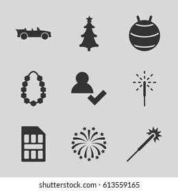 New icons set. set of 9 new filled icons such as sparklers, christmas tree, sparkler, fireworks, cabriolet, garland, sim card, add user