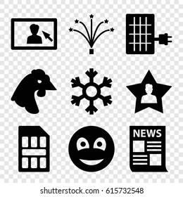 New icons set. set of 9 new filled icons such as chicken, favourite user, smiley, fireworks, camera display, snowflake, sim card, solar panel