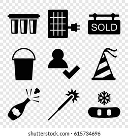 New icons set. set of 9 new filled icons such as sparklers, bucket, party hat, sold tag, filter, solar panel, champagne, snowflake