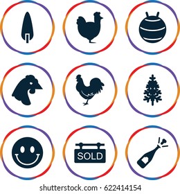 New icons set. set of 9 new filled icons such as chicken, opened champagne, pine-tree, sold tag, smiley