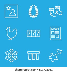 New icons set. set of 9 new outline icons such as chicken, baby socks, 7 number, cookie, garland, favorite photo, snowflake, filter
