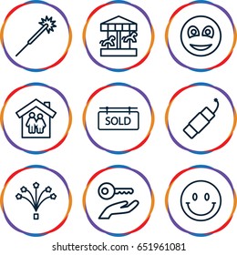 New icons set. set of 9 new outline icons such as sparklers, smiley, firework, fireworks, sold tag, key on hand, family house