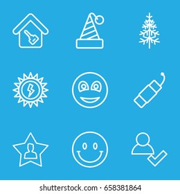 New icons set. set of 9 new outline icons such as pine-tree, favourite user, smiley, firework, home key, sun battery, add user