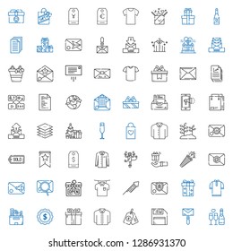 new icons set. Collection of new with champagne, mail, diskette, price tag, shirt, gift, label, files, email, fireworks, open, confetti, monkey. Editable and scalable new icons.