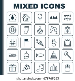 New Icons Set. Collection Of Gift, Sparkles, Holiday Ornament And Other Elements. Also Includes Symbols Such As Clothing, Flame, Doughnut.