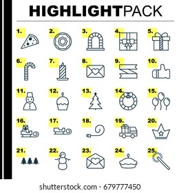 New Icons Set. Collection Of Greeting Email, Holiday Ornament, Lollipop And Other Elements. Also Includes Symbols Such As Corona, Tree, Mitten.