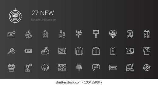 new icons set. Collection of new with message, office chair, layer, add user, gifts, tag, gift, shirt, email, bag, mail, monkey, observatory. Editable and scalable new icons.