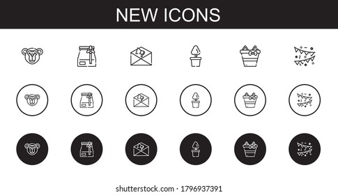 nuevo conjunto de iconos. Colección de nuevos con monos, bolso de papel, notificación, planta, regalos, guirnaldas. Iconos nuevos editables y escalables.