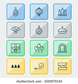 New icons set with tart, tree ball, ribbon banner and other holiday ornament elements. Isolated vector illustration new icons.
