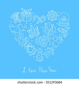 New icons in the shape of a heart. The inscription "I love the new year." Vector illustration on a blue background.