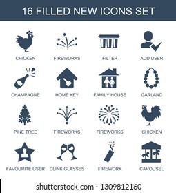 new icons. Trendy 16 new icons. Contain icons such as chicken, fireworks, filter, add user, champagne, home key, family house, garland, pine tree. new icon for web and mobile.