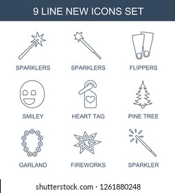 new icons. Trendy 9 new icons. Contain icons such as sparklers, flippers, smiley, heart tag, pine tree, garland, fireworks, sparkler. new icon for web and mobile.