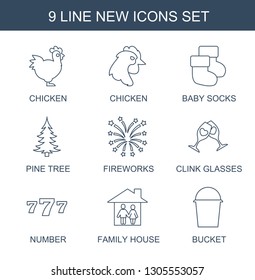 new icons. Trendy 9 new icons. Contain icons such as chicken, baby socks, pine tree, fireworks, clink glasses, number, family house, bucket. new icon for web and mobile.