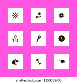 new icons. wheelbarrow, hand house, key and open box vector icons set