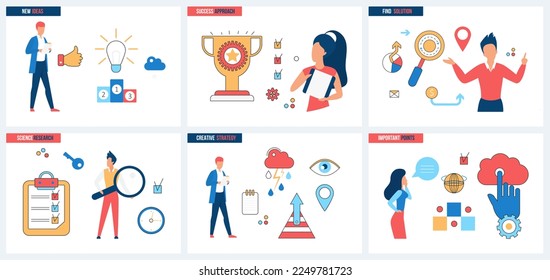 New idea approach, success of science research to find solution set vector illustration. Cartoon tiny people with magnifying glass in search of important points, creative strategy, click on cloud data