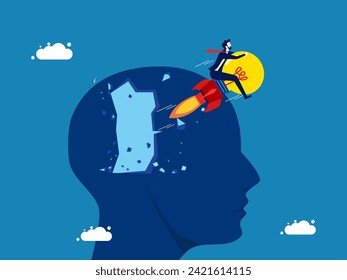 new idea was born. Businessman riding a broken light bulb through a big head 