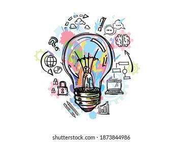 New idea and business strategy concept. Drawing light bulb with charts, graphs and business success plan. Vector illustration design