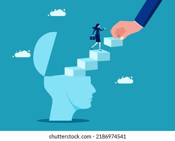 New idea. A businesswoman walks out of a mock head with a ladder. vector