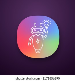 New idea chatbot app icon. UI/UX user interface. Talkbot with lightbulb. Virtual assistant. Modern robot. Online support chat bot. Web or mobile application. Vector isolated illustration