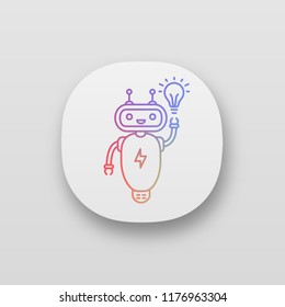 New idea chatbot app icon. UI/UX user interface. Talkbot with lightbulb. Virtual assistant. Modern robot. Online support chat bot. Web or mobile application. Vector isolated illustration