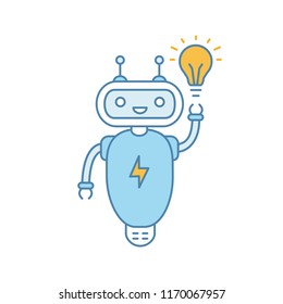 New idea chatbot color icon. Talkbot with lightbulb. Virtual assistant. Modern robot. Online support chat bot. Isolated vector illustration
