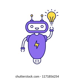 New idea chatbot color icon. Talkbot with lightbulb. Virtual assistant. Modern robot. Online support chat bot. Isolated vector illustration
