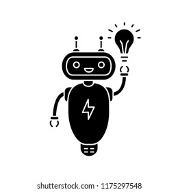 New idea chatbot glyph icon. Silhouette symbol. Talkbot with lightbulb. Virtual assistant. Modern robot. Online support chat bot. Negative space. Vector isolated illustration