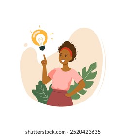 New idea concept. African girl found a solution to the problem. Woman pointing her finger at a light bulb. Vector flat illustration.