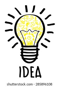 New idea concept. Black bulb drawing and yellow business icons inside it. Vector illustration. 