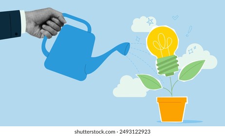 New idea concept. Businessman watering growing idea plant. Business start-up or investment growth. Generation of ideas concept. Vector illustration. Retro poster or banner. Creative trend collage.