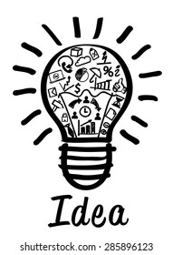 New idea concept. Drawing of a bulb and business icons inside it. Vector illustration. 