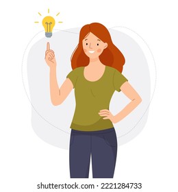 New idea concept. Girl found a solution to the problem. Woman pointing her finger at a light bulb. Vector flat illustration.