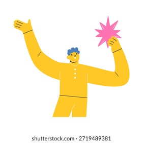 New idea concept. Man holding star in hand. Colorful vector illustration