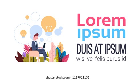 new idea concept over light lamp background businessman generate laptop office desk flat banner copy space vector illustration