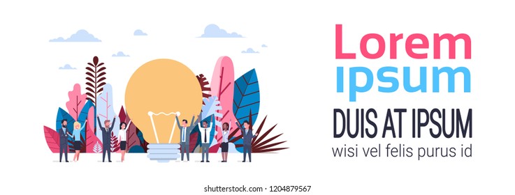 new idea concept over light lamp background man and woman business people team rise hands up communicating flat banner copy space vector illustration