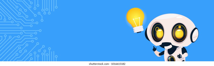 New Idea Concept Robot Hold Light Bulb Over Circuit Background With Copy Space Flat Vector Illustration