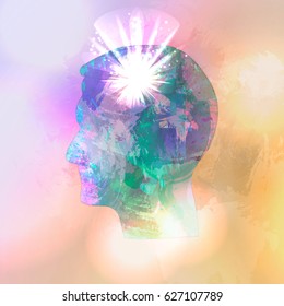A new idea concept. Silhouettes of men with a bright flash of light in the head. as a metaphor of a new idea. Eureka!