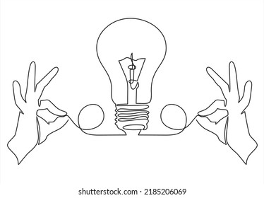 New Idea Or Concept - Vector Modern Line Design Illustrative Icon. Two Hands Showing A Light Bulb As A Symbol Of Finding A New Option Or Solution