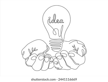 New Idea or Concept - vector modern line design illustrative icon. Two hands manifesting a light bulb as symbol of finding a new option or solution.