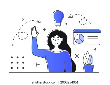 Nuevo concepto creador de ideas. Mujer con bulbo pensando en negocios. Concepto de ilustración del vector de negocio.