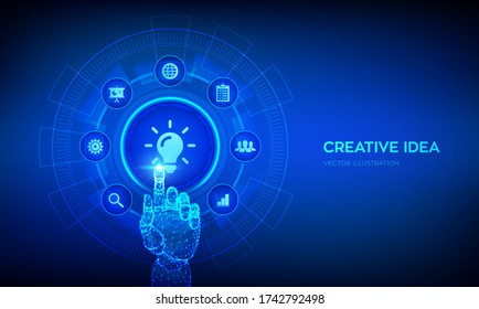 New idea. Creative Idea lamp icon. Creativity, innovation and inspiration modern technology and business concept on virtual screen. Robotic hand touching digital interface. Vector illustration.
