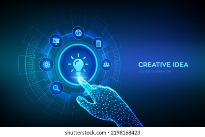 New idea. Creative Idea lamp icon. Creativity, innovation and inspiration modern technology and business concept on virtual screen. Robotic hand touching digital interface. Vector illustration.