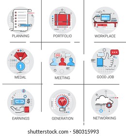 New Idea Generation Light Bulb Business Workplace Meeting Icon Set Earnings Cooperation Planning Vector Illustration