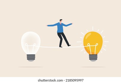 New idea, Innovation and Solution. Step into new challenges. Creativity in problem solving. Businessmen walk to new light bulbs.