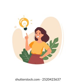 Concepto de bombilla de idea Nueva. Mujer positiva joven con la lámpara sobre su cabeza. Ilustración vectorial en estilo plano.
