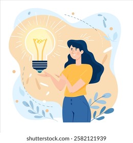 New idea light bulb concept. Young positive woman with lamp above her head. Vector illustration in flat style