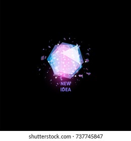New idea logo, light bulb abstract vector icon. Isolated pink and blue polygons shape, stylized lamp  with text. Digital innovation technology vector illustration.