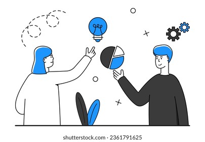 New idea scene. Man and woman search business solution. Finding ideas concept. usiness trend, design thinking, business opportunity metaphors. Vector illustration scene